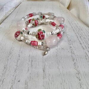 Vintage Beaded Bracelet with Rose Quarts and VTG Ceramic Rose Beads Memory Wire